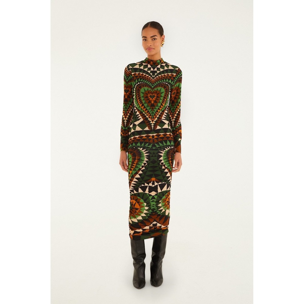 Farm Rio Multicolor Heart Deco Long Sleeve Jersey Midi Dress Medium Maximalist